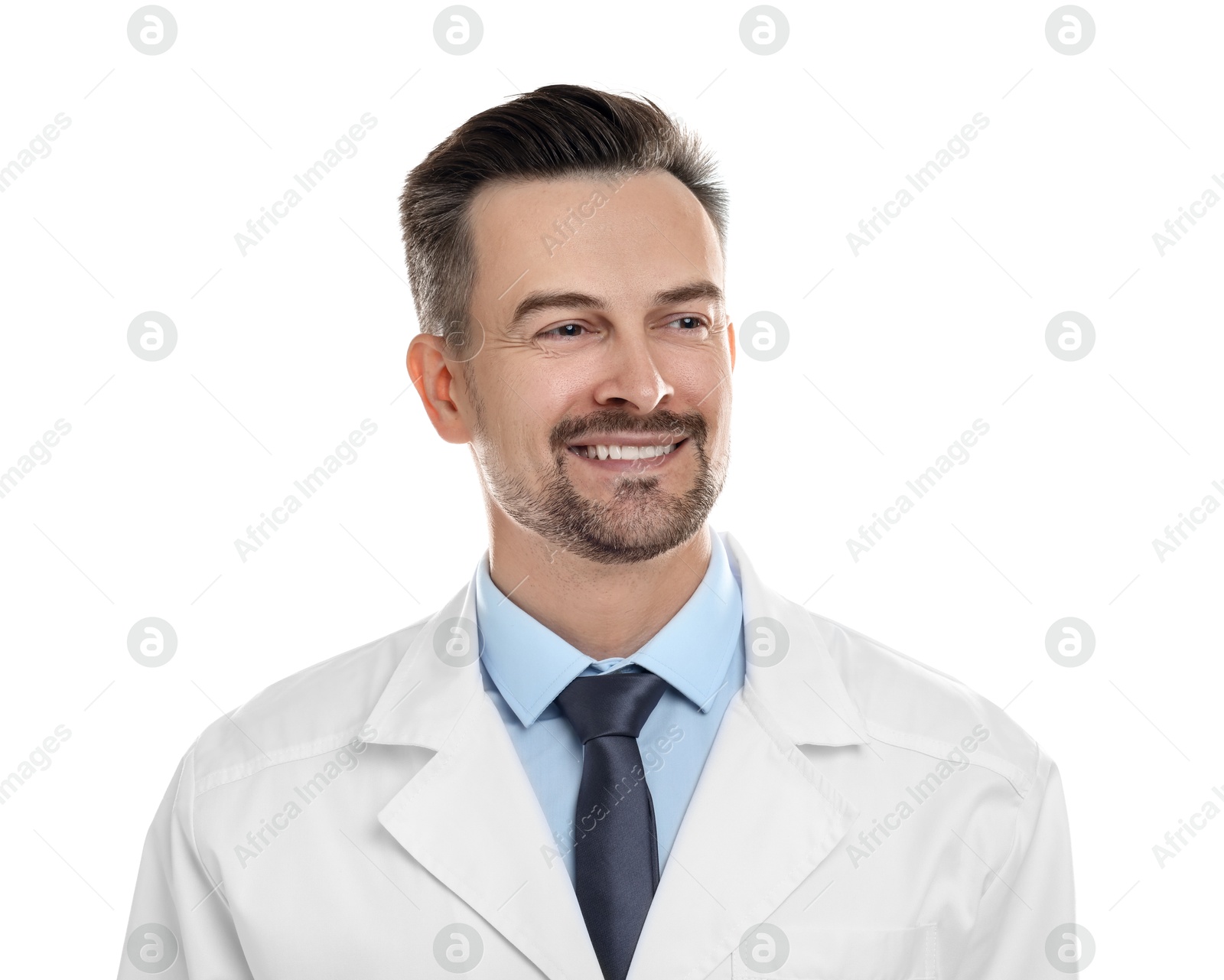 Photo of Portrait of smiling doctor isolated on white