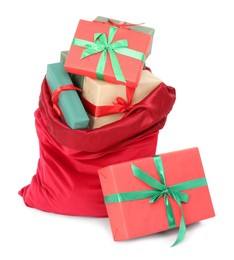 Photo of Santa Claus bag full of presents isolated on white