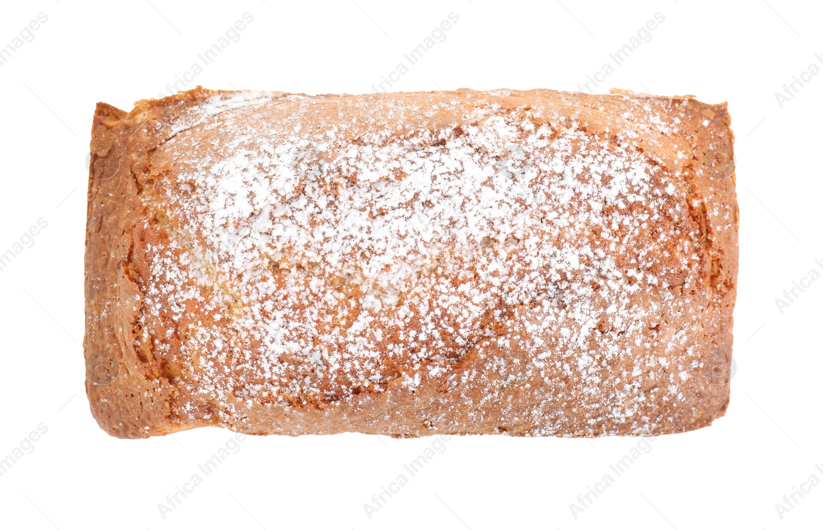 Photo of One tasty sponge cake with powdered sugar isolated on white, top view