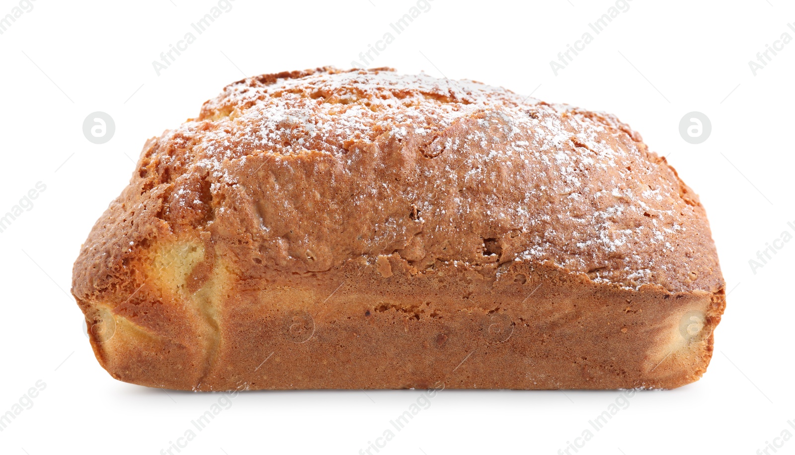 Photo of One tasty sponge cake with powdered sugar isolated on white