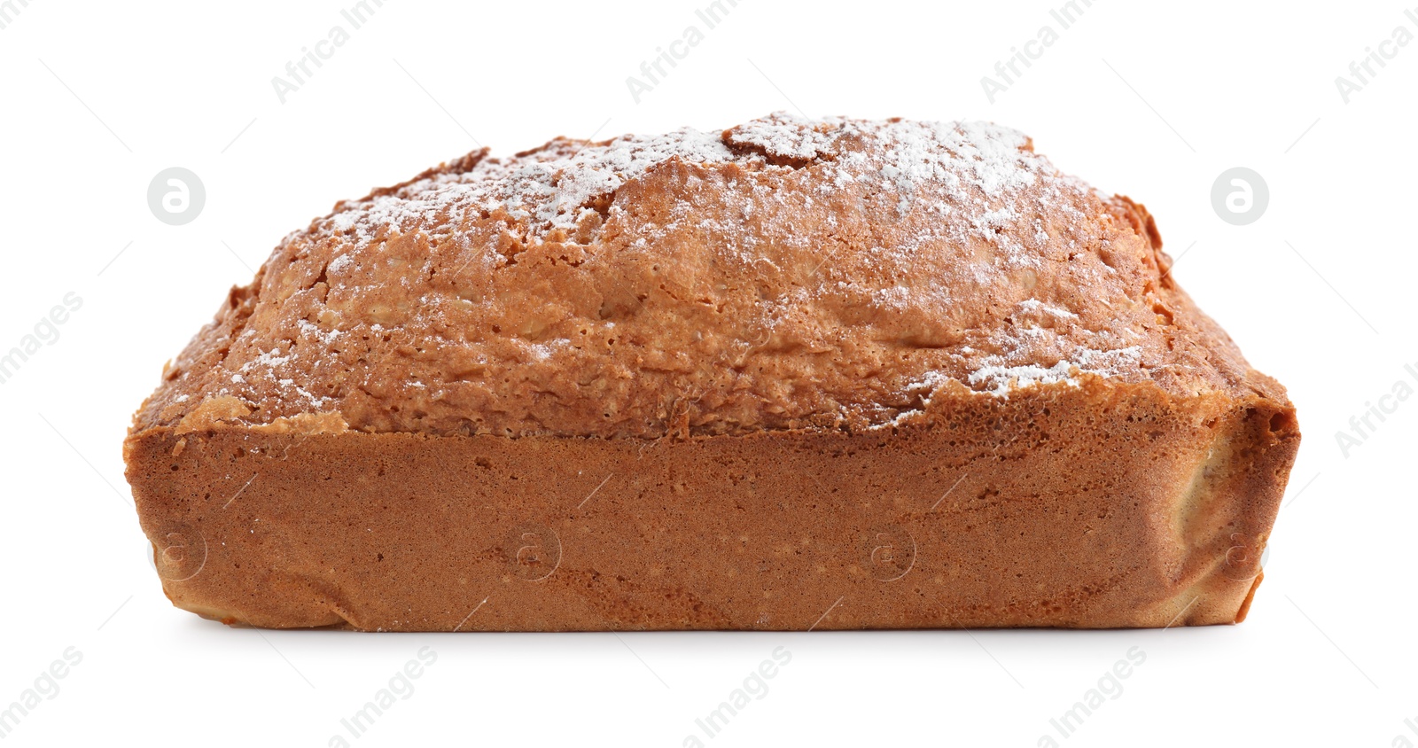 Photo of One tasty sponge cake with powdered sugar isolated on white