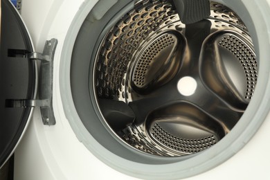 Photo of Washing machine with empty drum as background, closeup