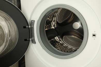 Washing machine with empty drum as background, closeup