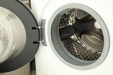 Washing machine with empty drum as background, closeup