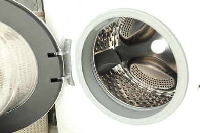 Washing machine with empty drum as background, closeup