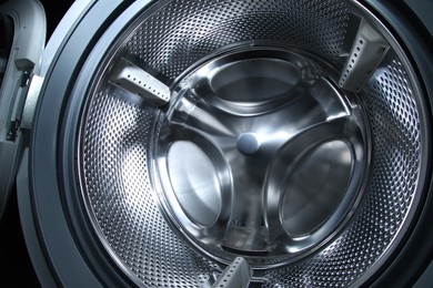 Photo of Washing machine with empty drum as background, closeup