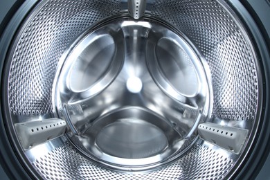 Washing machine with empty drum as background, closeup