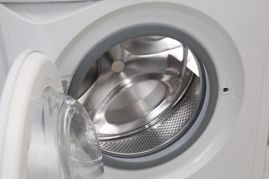 Photo of Washing machine with empty drum as background, closeup