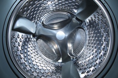 Photo of Washing machine with empty drum as background, closeup