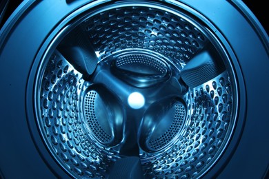 Washing machine with empty drum as background, closeup