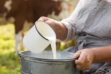 Photo of Senior woman pouring fresh milk into bucket outdoors, closeup