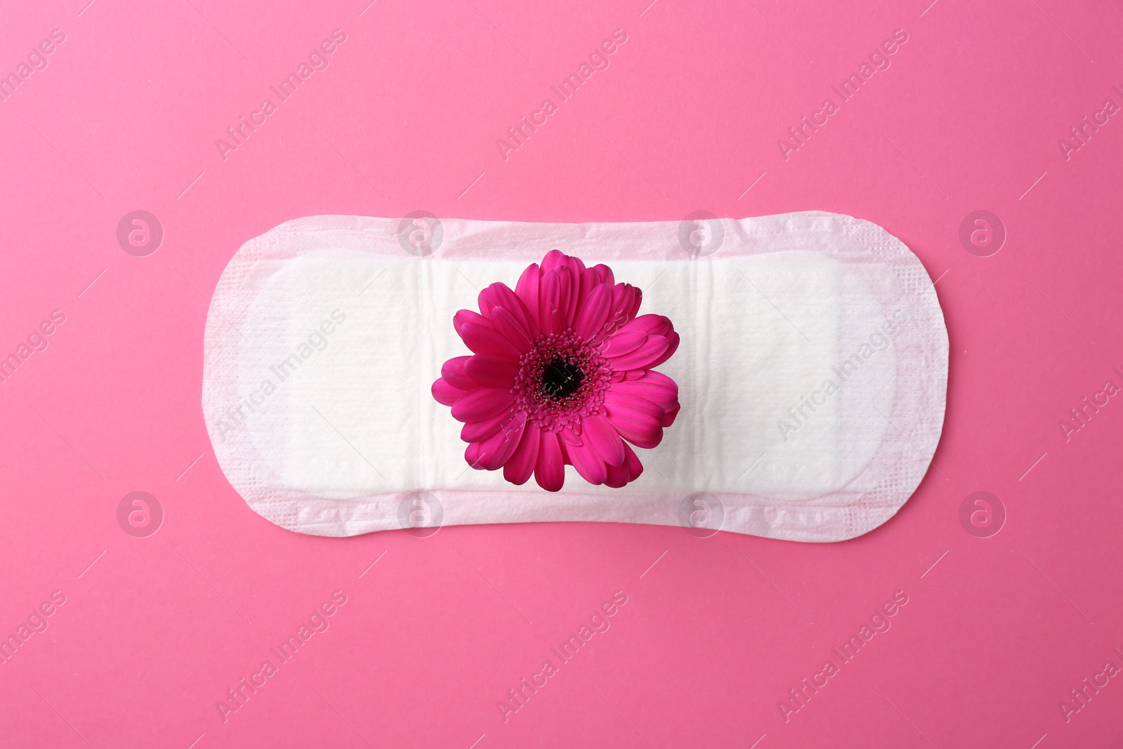 Photo of Menstrual pad with flower on pink background, top view