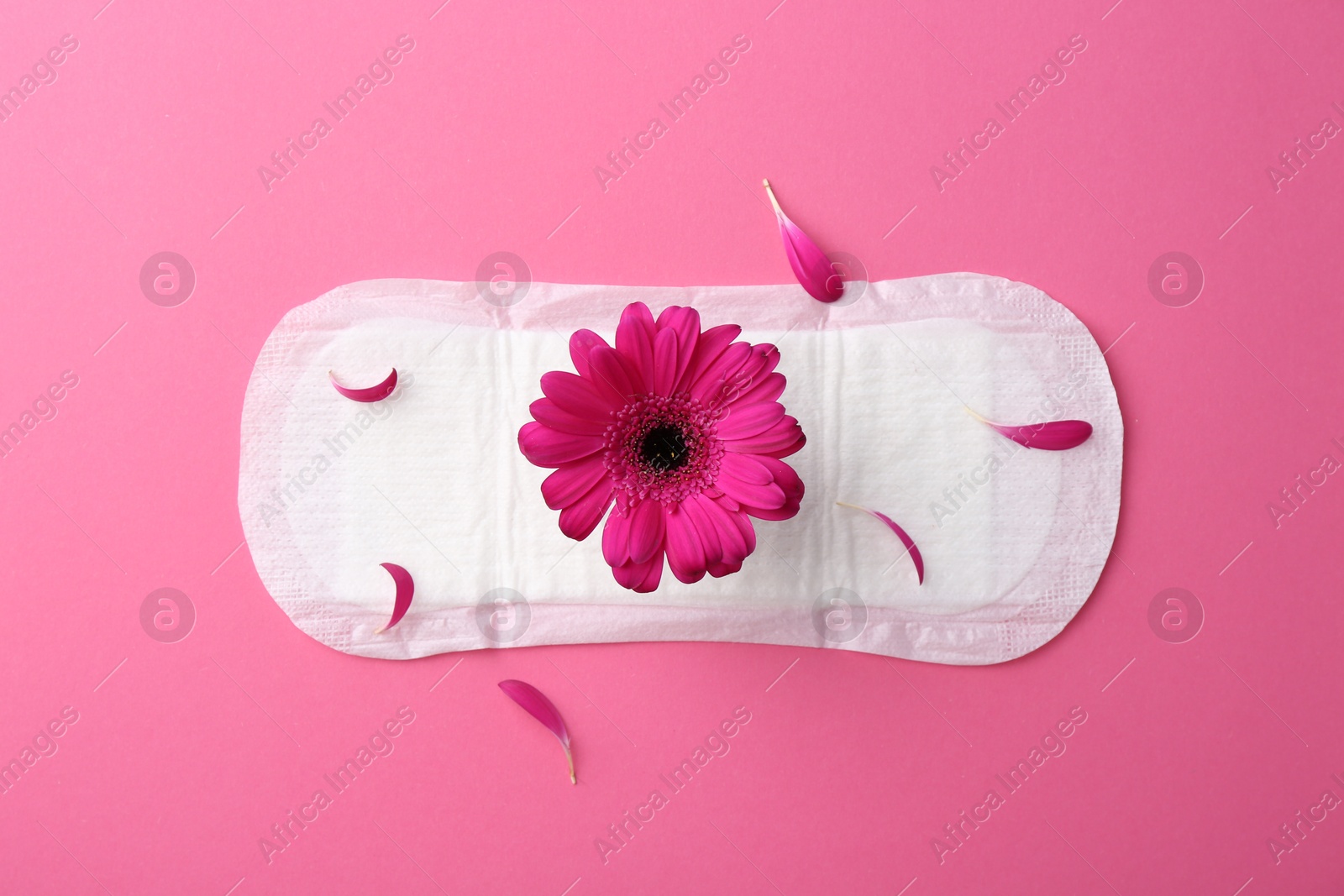 Photo of Menstrual pad with flower on pink background, top view