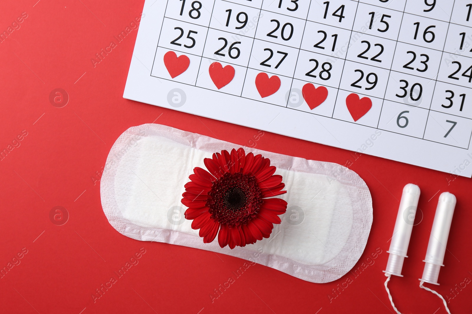 Photo of Flat lay composition with calendar and menstrual products on red background