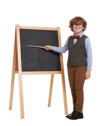 Photo of Little boy with pointer near chalkboard pretending to be teacher on white background. Dreaming about future profession