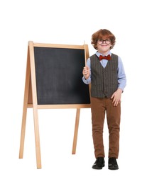 Photo of Little boy with pointer near chalkboard pretending to be teacher on white background. Dreaming about future profession