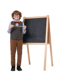 Photo of Little boy with pointer near chalkboard pretending to be teacher on white background. Dreaming about future profession