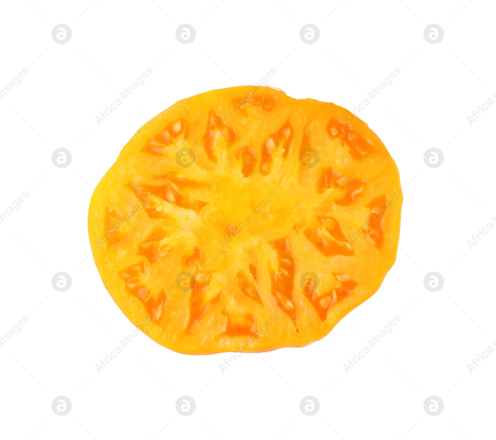 Photo of Piece of ripe yellow tomato isolated on white