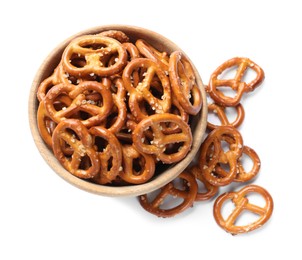 Photo of Delicious pretzel crackers in bowl isolated on white, top view