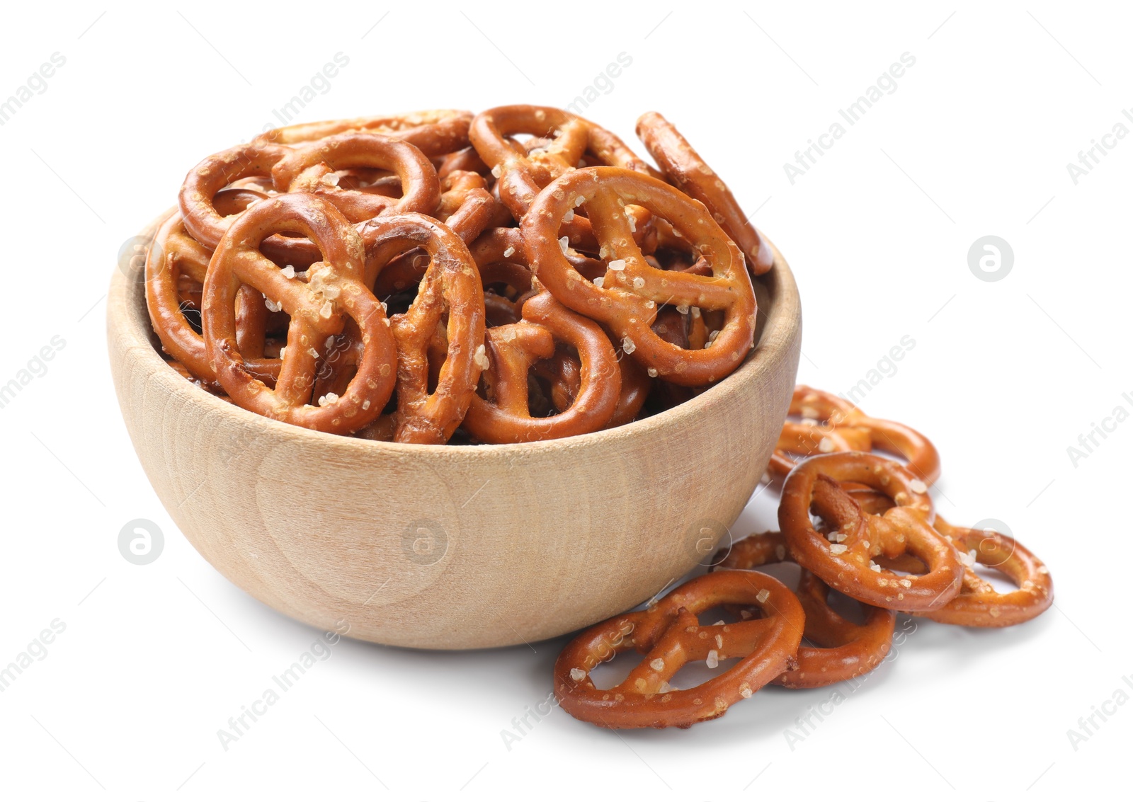 Photo of Delicious pretzel crackers in bowl isolated on white