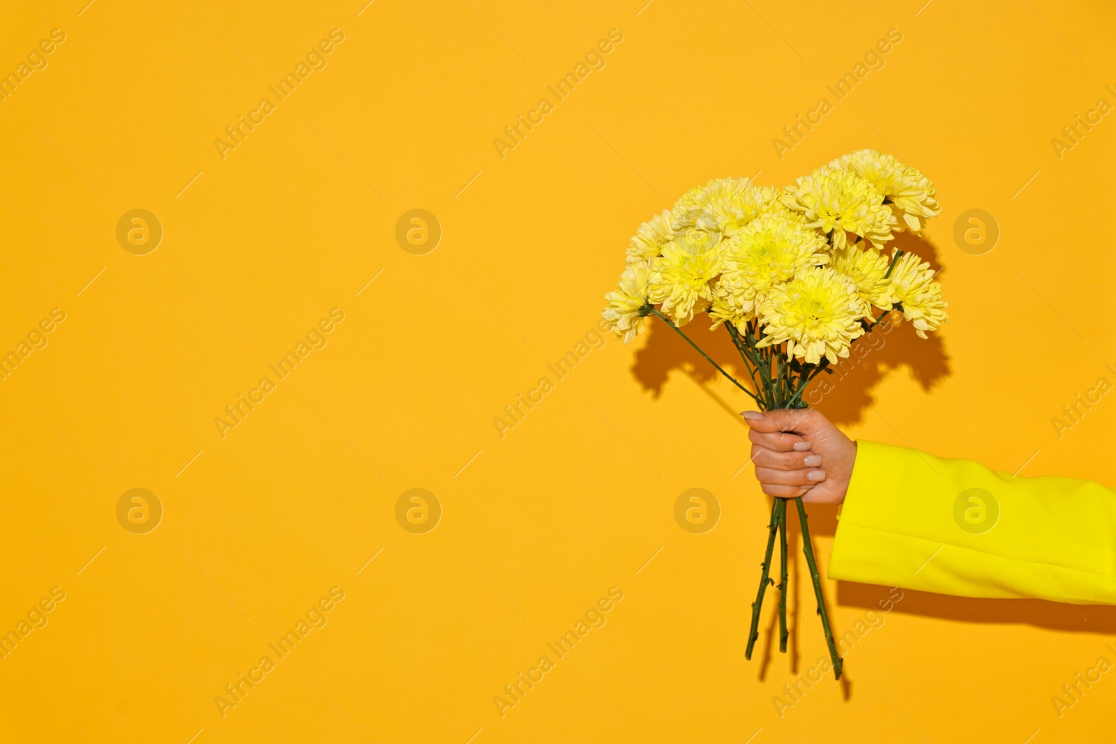 Photo of Woman with beautiful bouquet of flowers on yellow background, closeup. Space for text