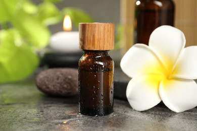 Photo of Spa composition with bottles of cosmetic products, plumeria flower and burning candle on grey table, closeup