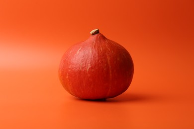 Photo of One fresh ripe pumpkin on orange background