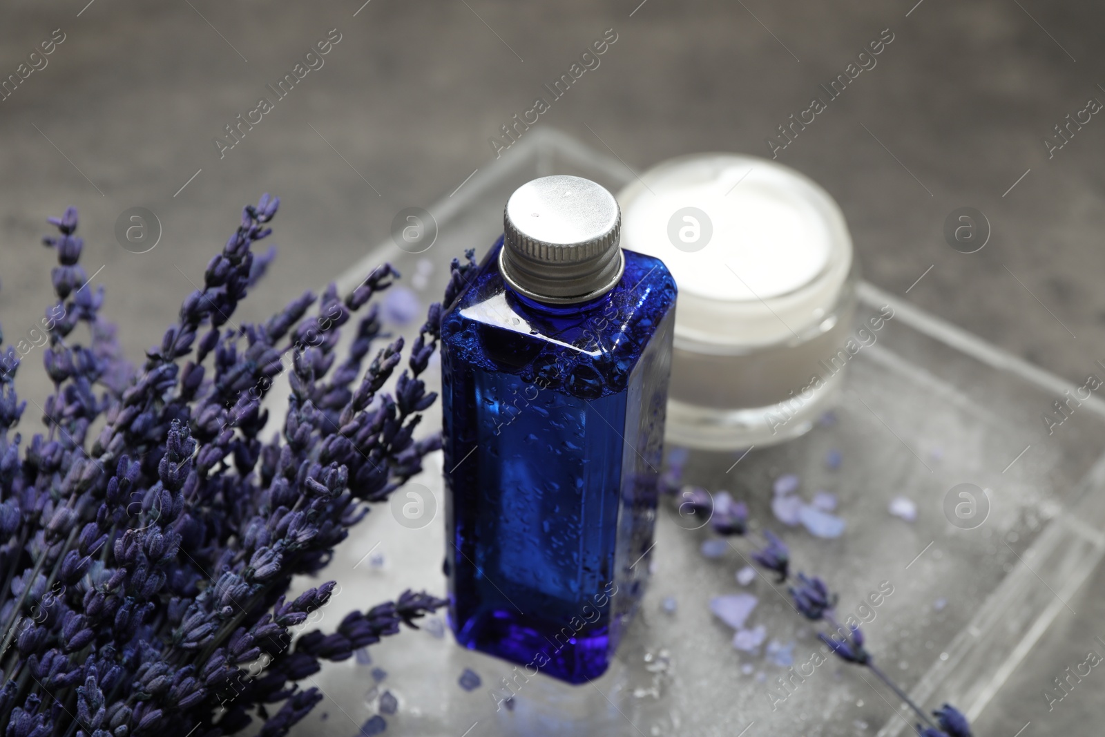 Photo of Spa composition with bottle and jar of cosmetic products on grey table