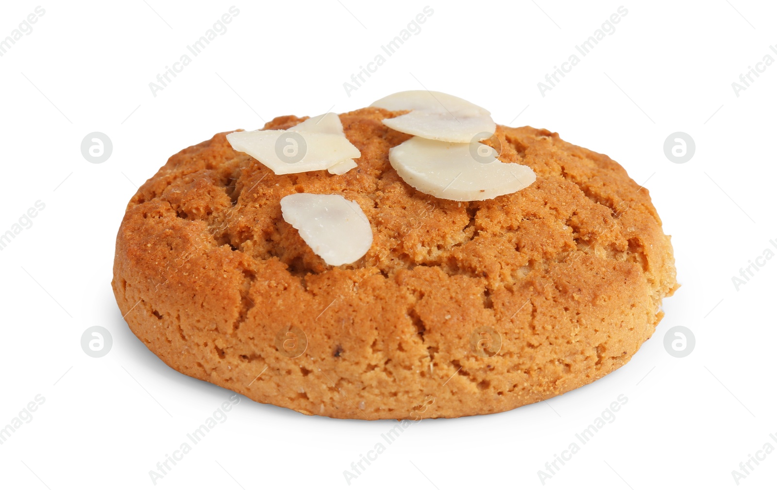 Photo of One tasty cookie with almond flakes isolated on white