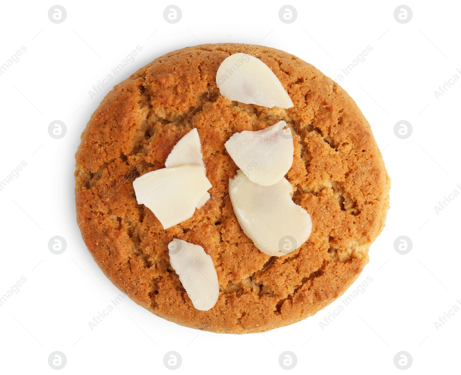 Photo of One tasty cookie with almond flakes isolated on white, top view