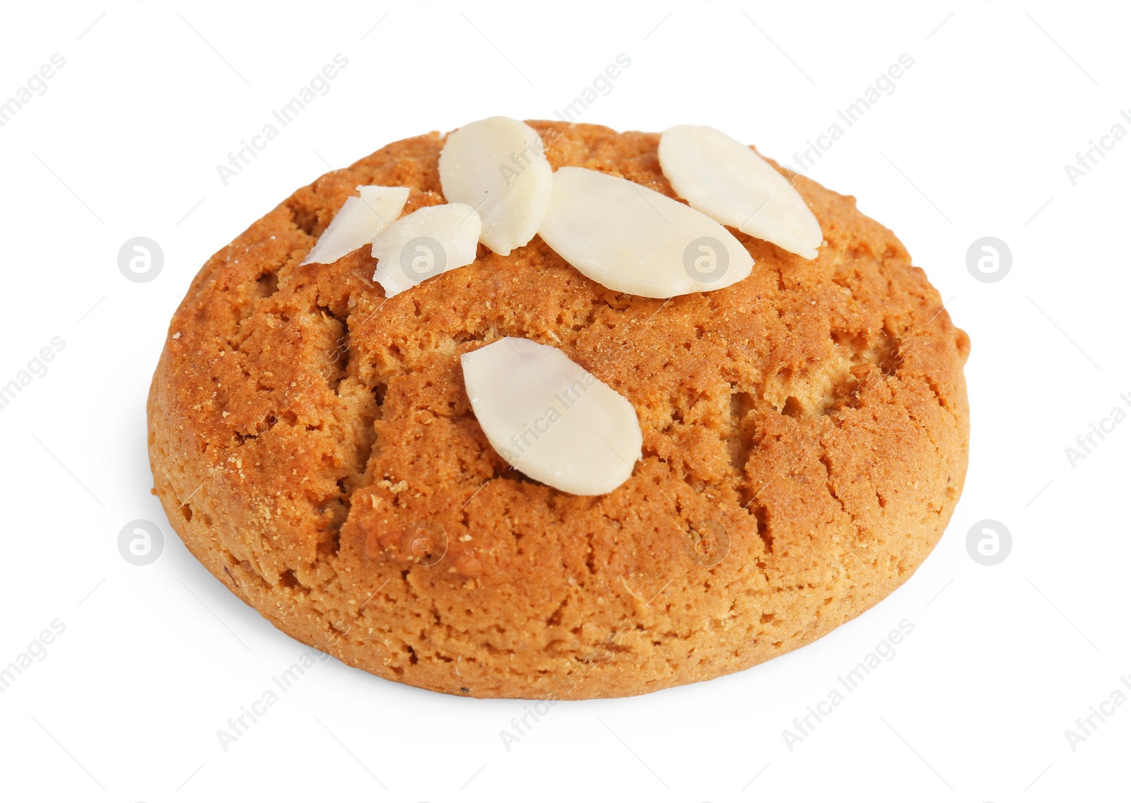 Photo of One tasty cookie with almond flakes isolated on white