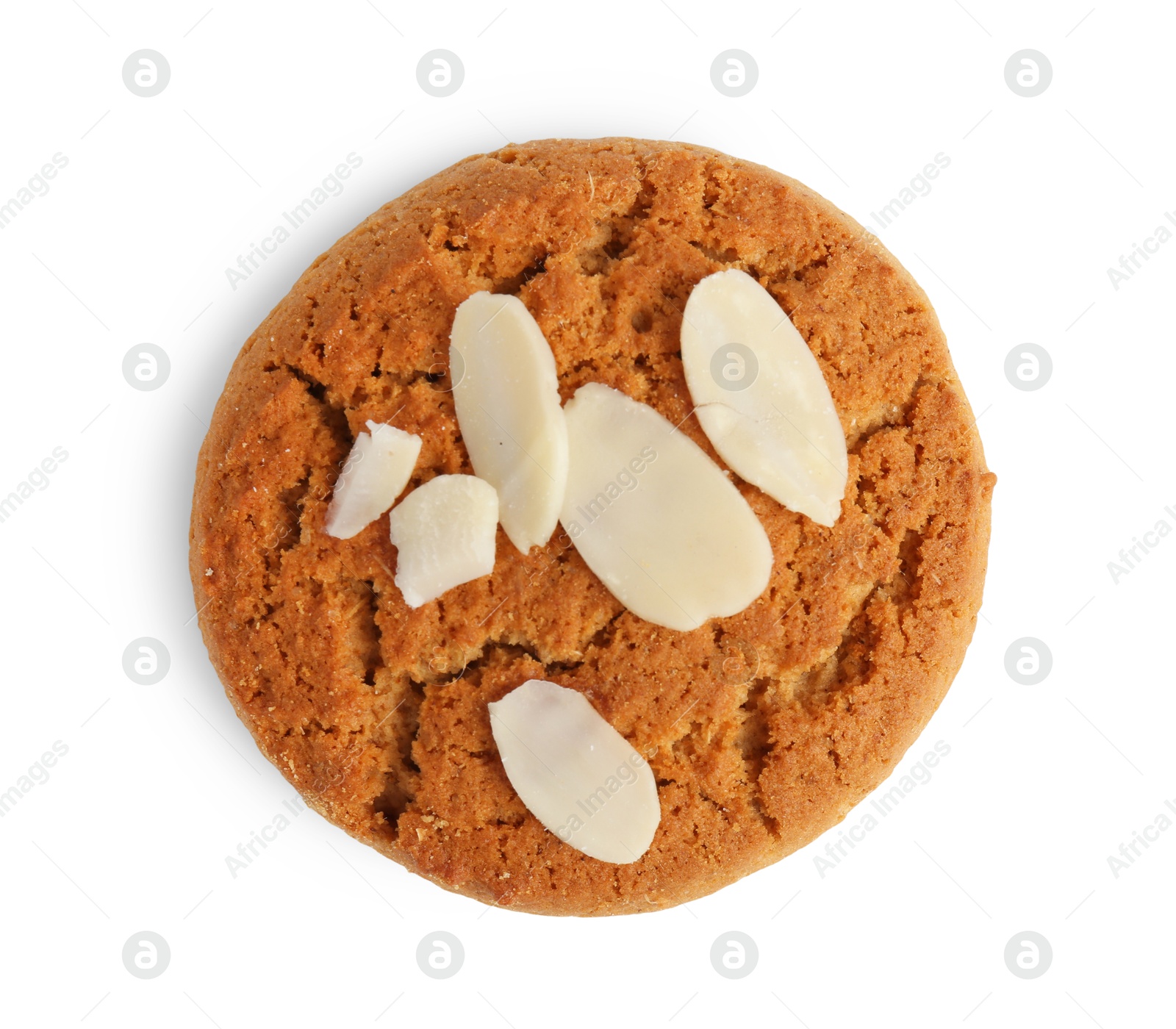 Photo of One tasty cookie with almond flakes isolated on white, top view