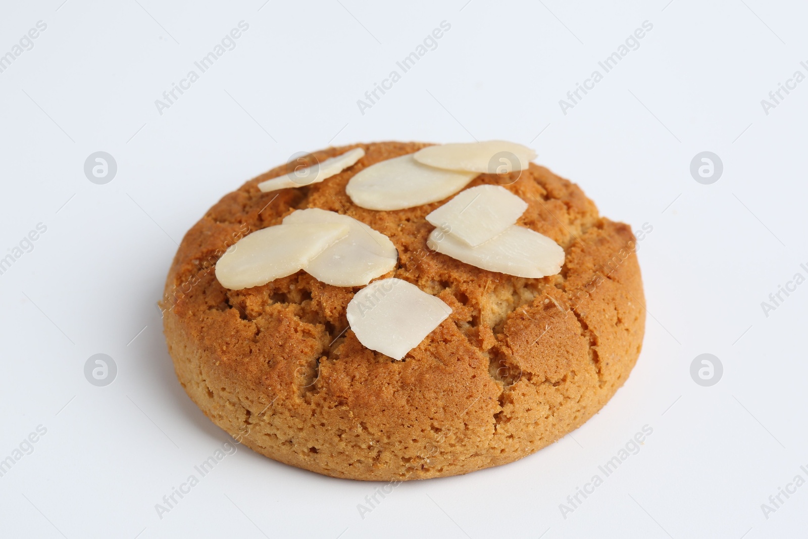 Photo of One tasty cookie with almond flakes on white background