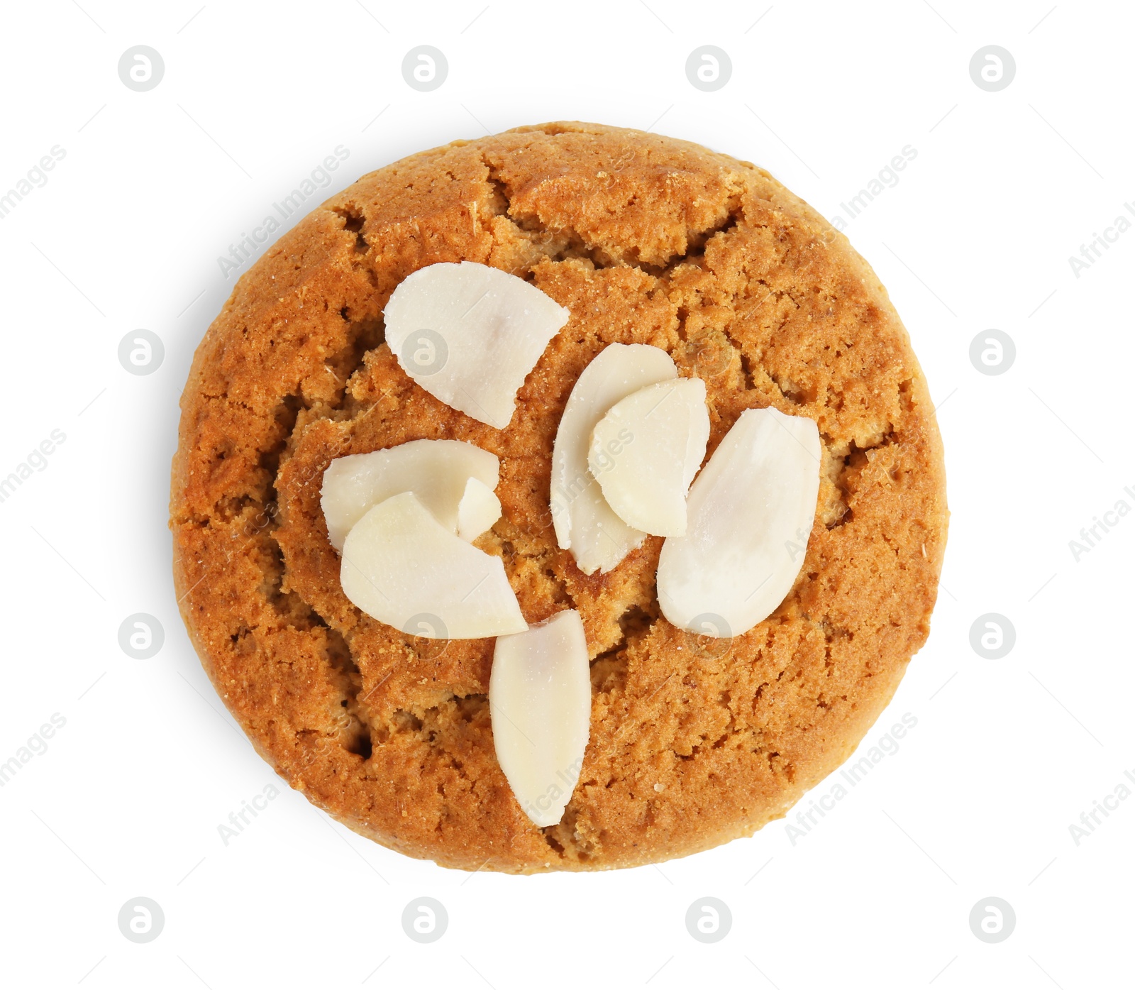 Photo of One tasty cookie with almond flakes isolated on white, top view