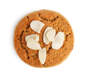 Photo of One tasty cookie with almond flakes isolated on white, top view