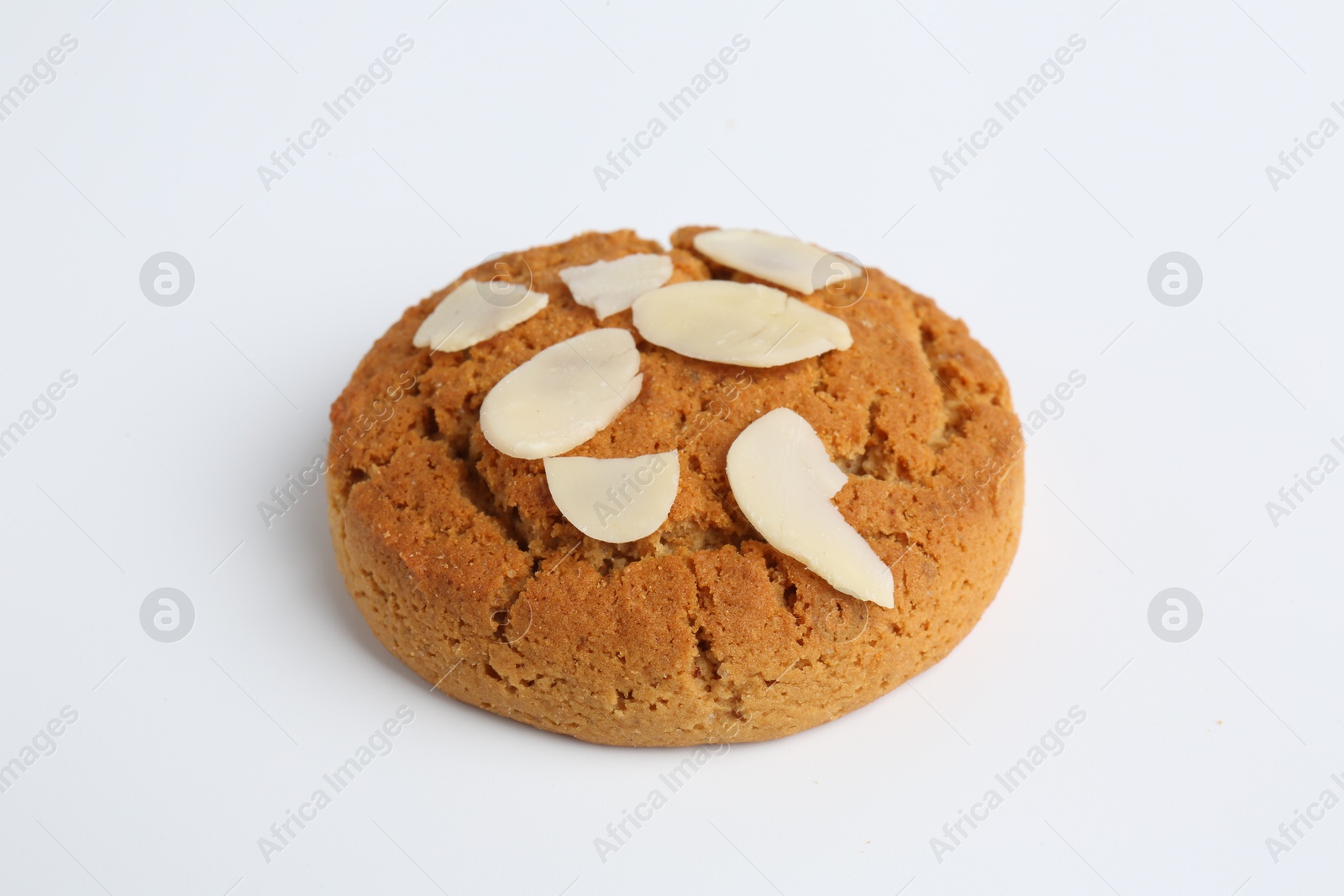 Photo of One tasty cookie with almond flakes on white background