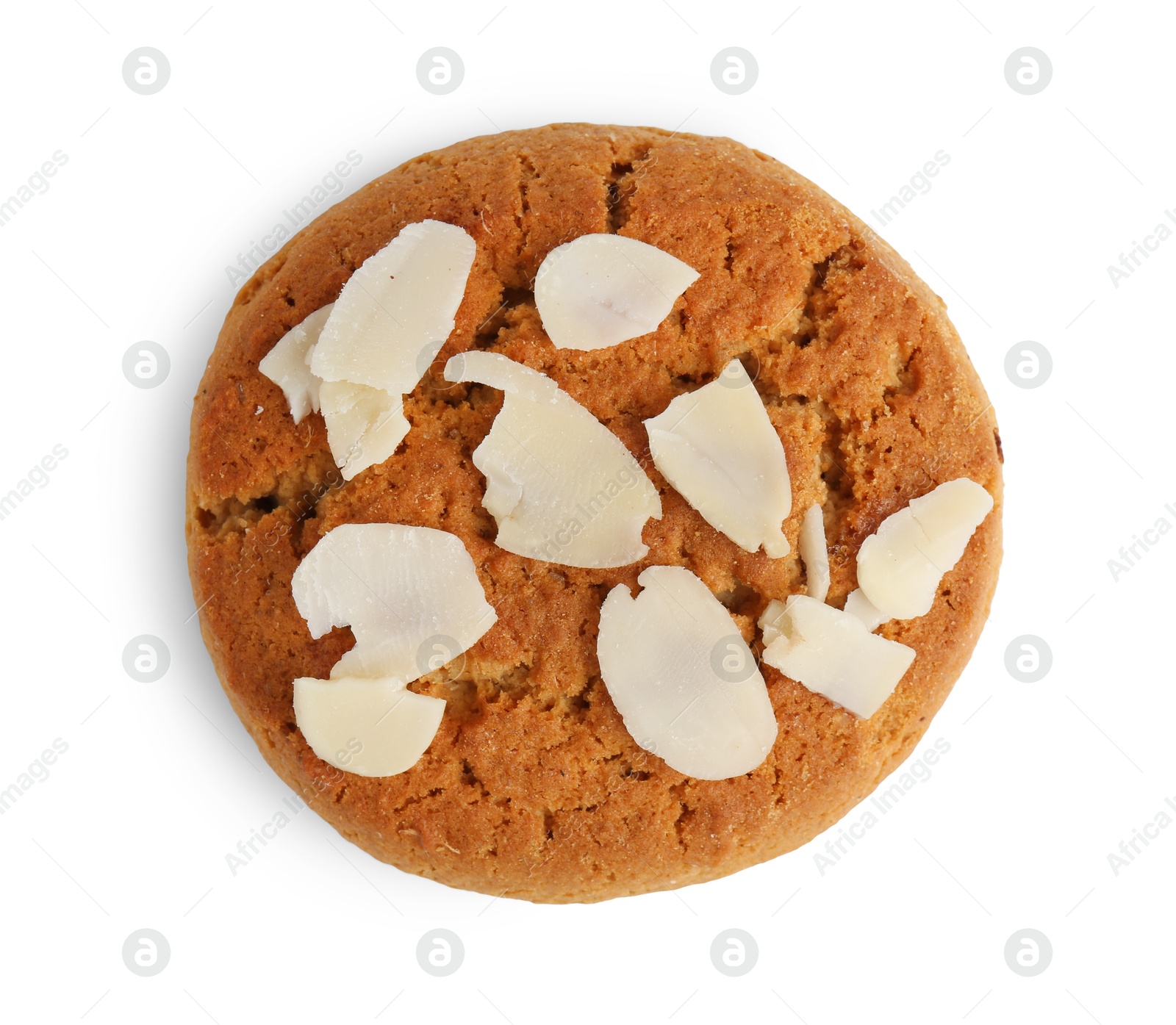 Photo of One tasty cookie with almond flakes isolated on white, top view