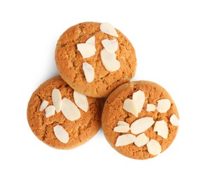 Photo of Tasty cookies with almond flakes isolated on white, top view