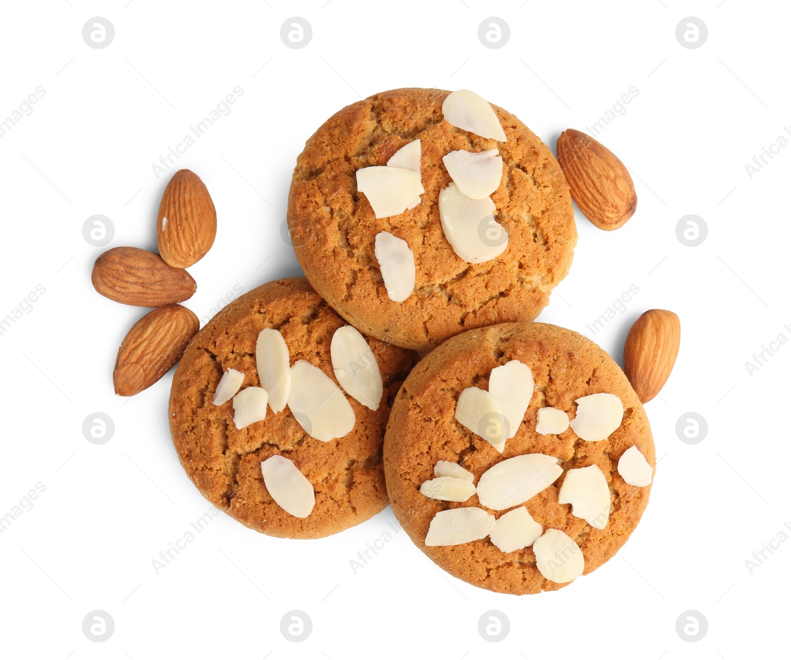 Photo of Tasty cookies with almonds isolated on white, top view