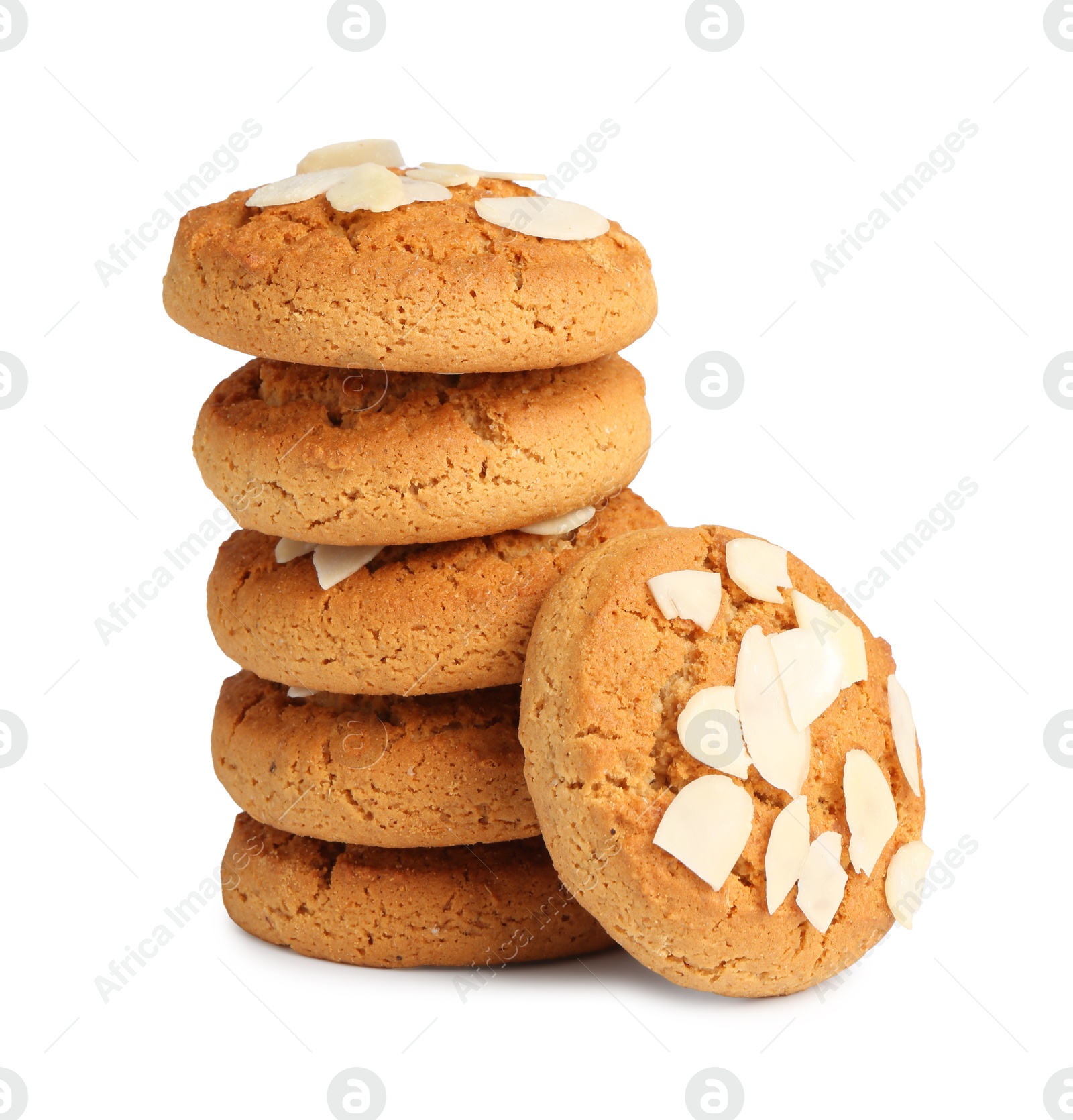 Photo of Tasty cookies with almond flakes isolated on white