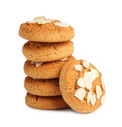 Photo of Tasty cookies with almond flakes isolated on white