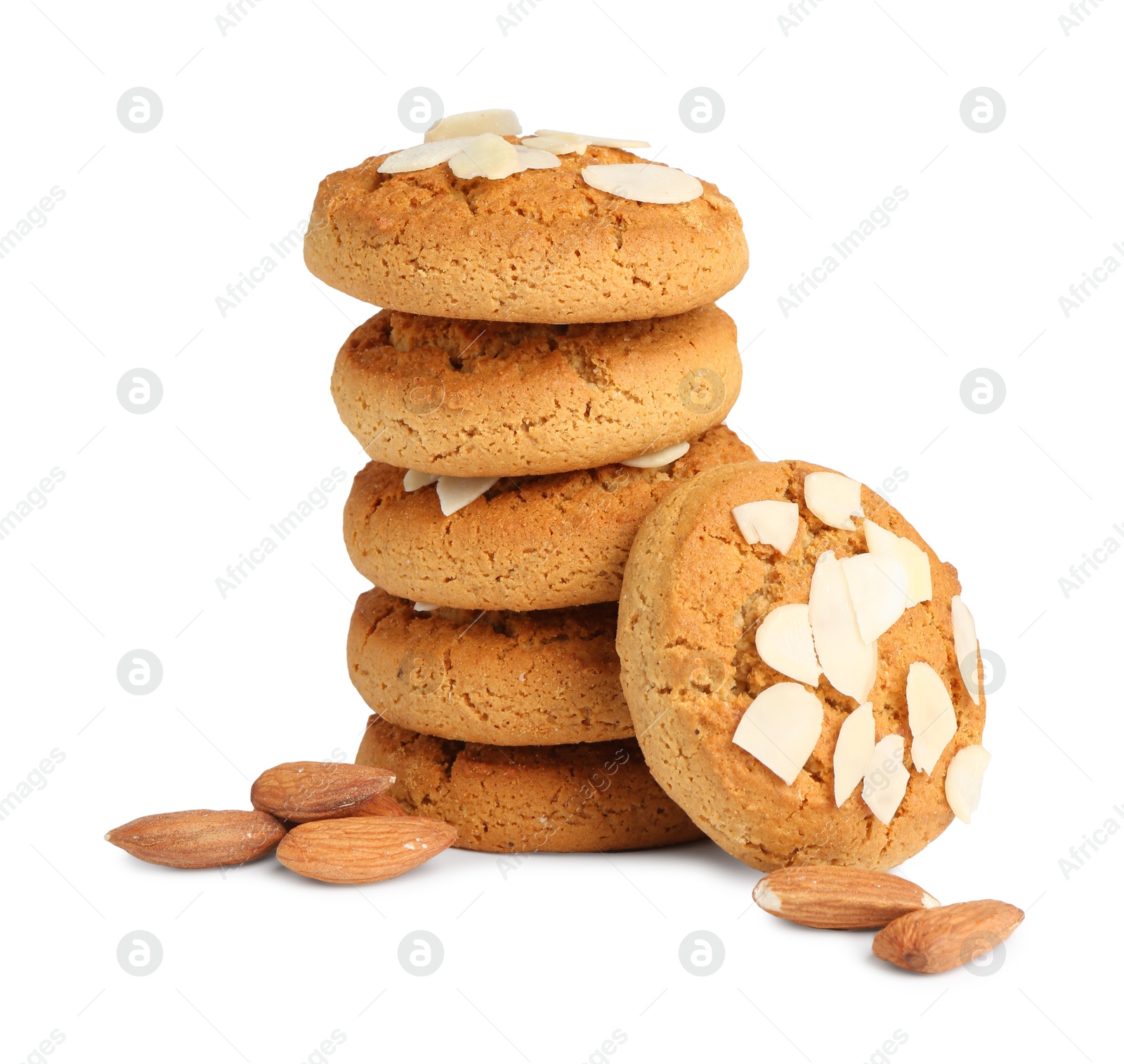 Photo of Tasty cookies with almonds isolated on white