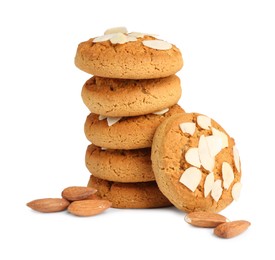 Photo of Tasty cookies with almonds isolated on white