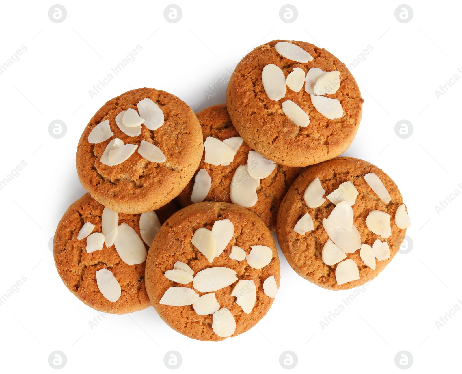 Photo of Tasty cookies with almond flakes isolated on white, top view