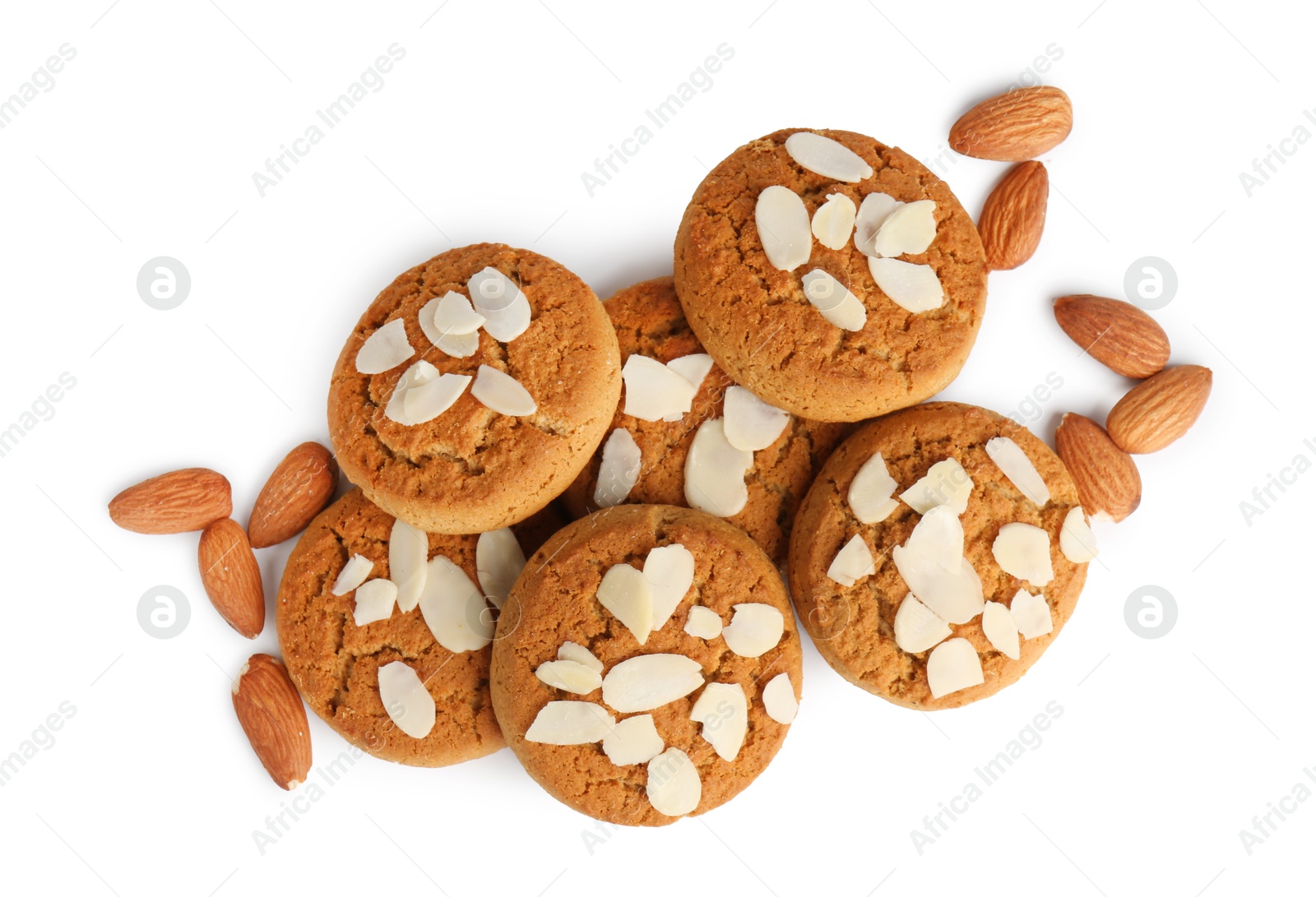 Photo of Tasty cookies with almonds isolated on white, top view