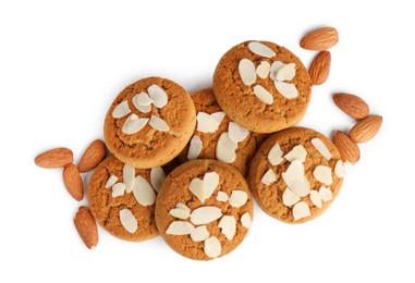 Photo of Tasty cookies with almonds isolated on white, top view