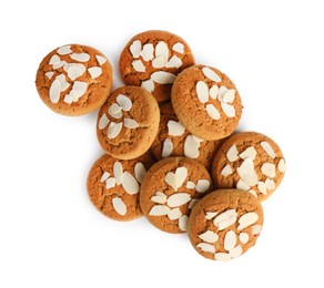 Photo of Tasty cookies with almond flakes isolated on white, top view