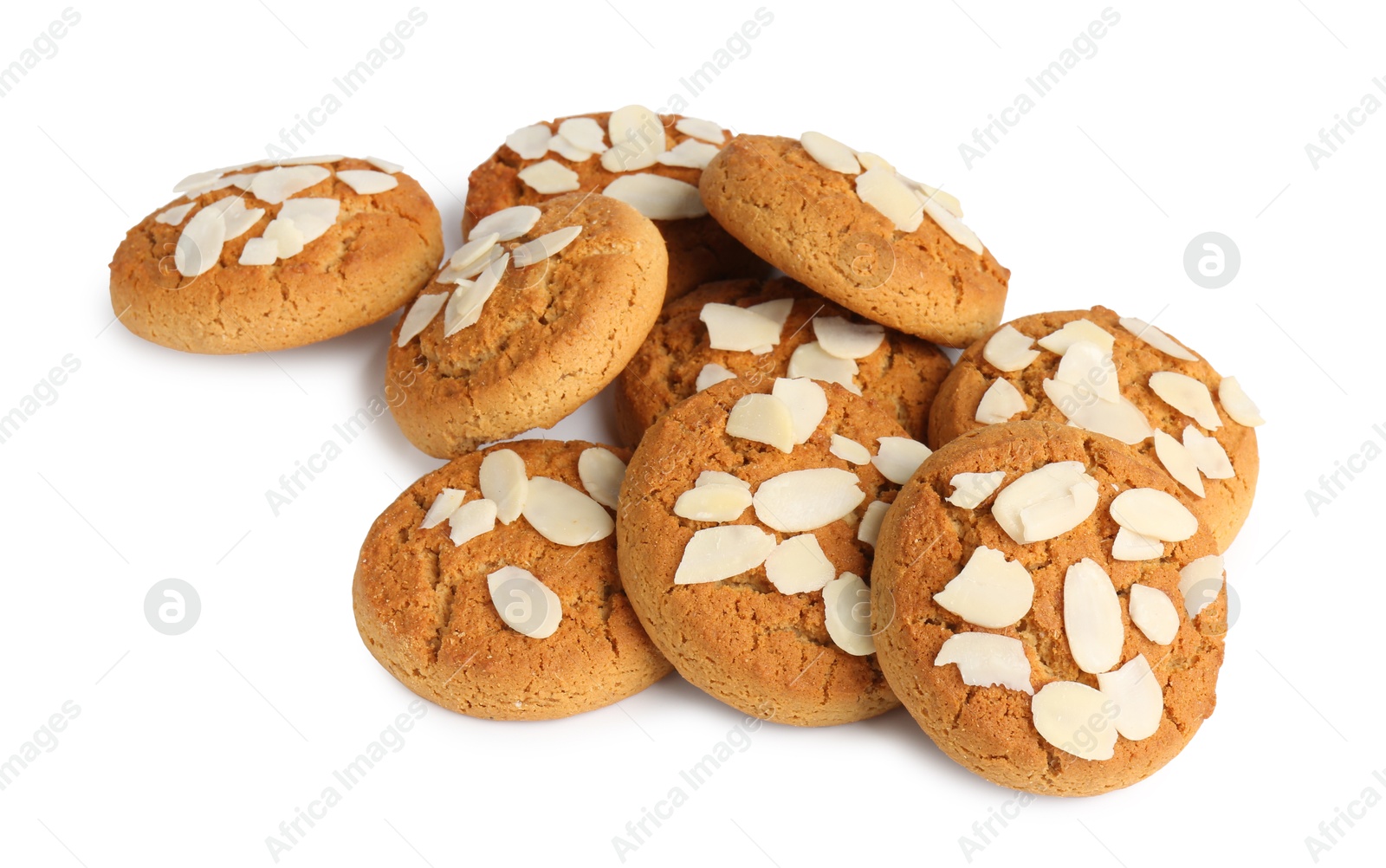 Photo of Tasty cookies with almond flakes isolated on white