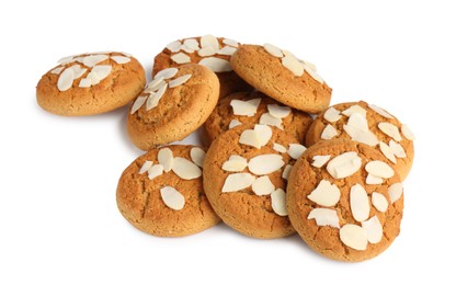 Photo of Tasty cookies with almond flakes isolated on white