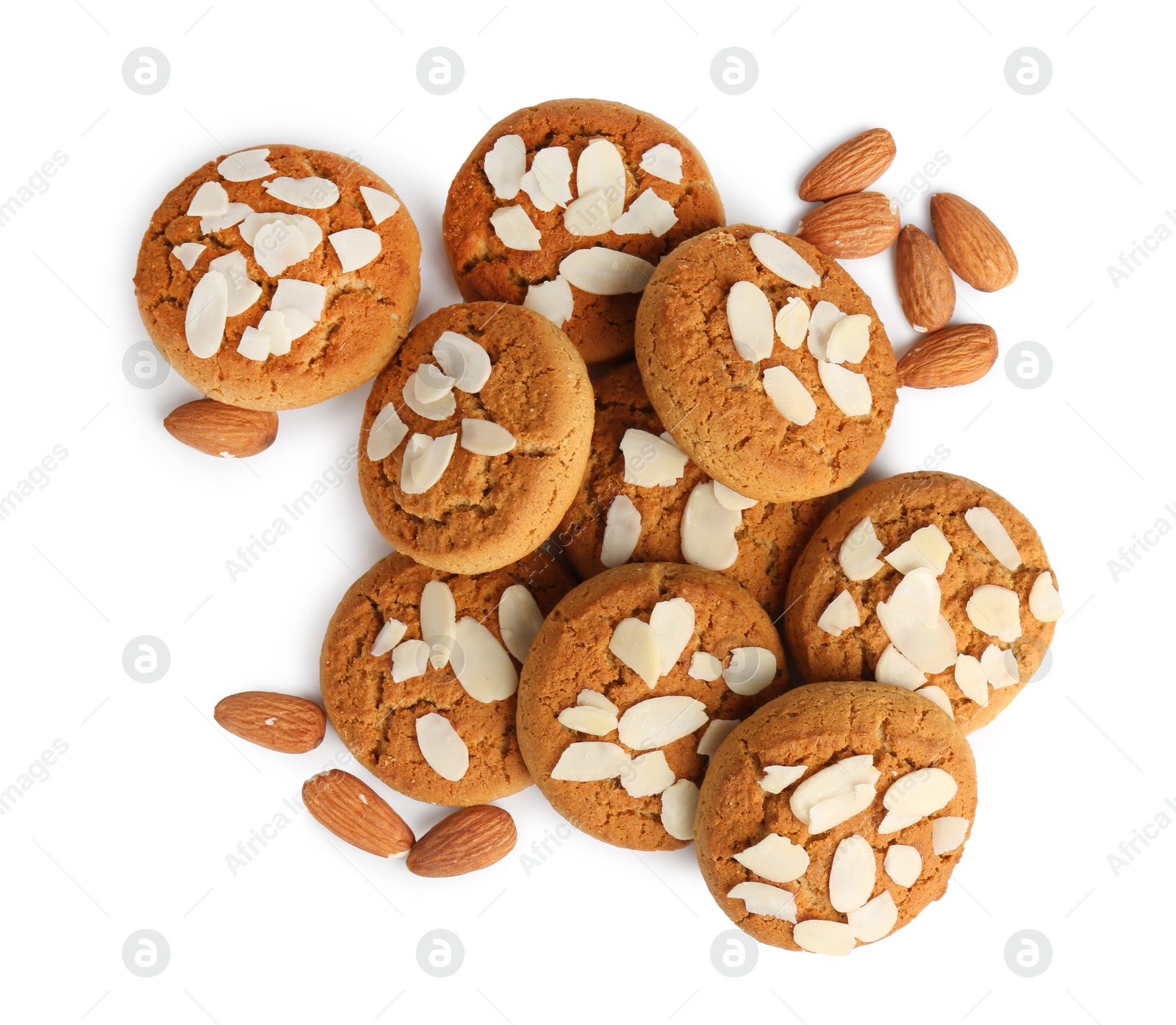 Photo of Tasty cookies with almonds isolated on white, top view